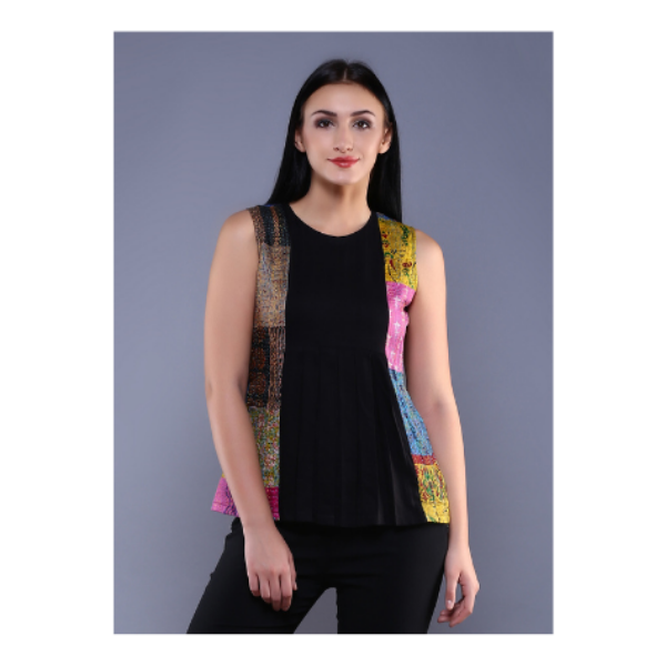 BLACK KANTHA PATCH PLEATED TOP IN SILK COTTON